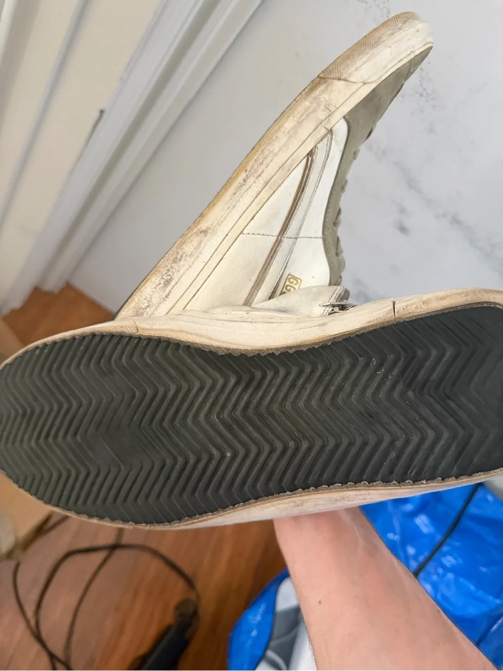 Golden Goose White and Gray Slide Mid-Top Sneakers